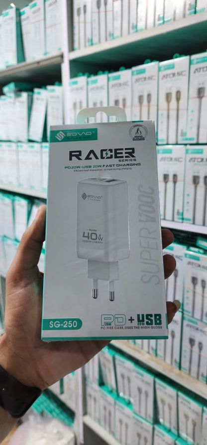 SOVO Racer Series SG-250 40W Dual Port Fast Charger | USB-A + USB-C PD Wall Adapter
