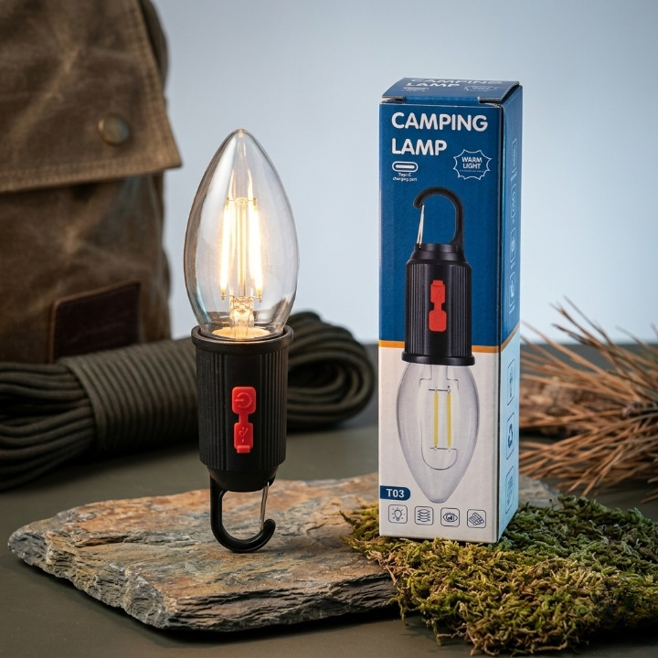 T03 Portable Warm Light Camping Lamp with Hanging Hook – Rechargeable Emergency LED Lantern